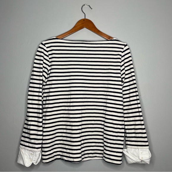 J. Crew Preppy Navy Striped Boatneck Cotton Long Sleeve Cuffed Sleeve Top DD - Picture 5 of 9